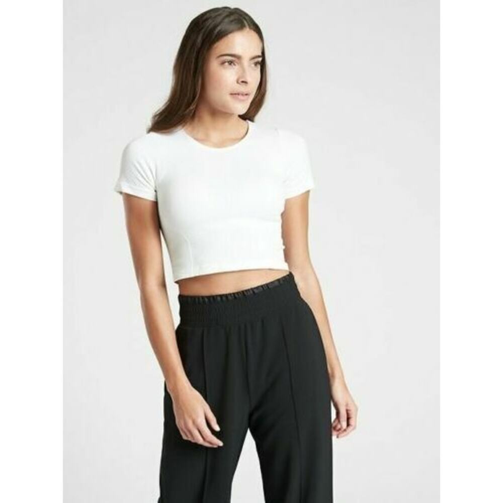ATHLETA Shortcut Crop Tee White Size Large Round Neck workout short sleeve